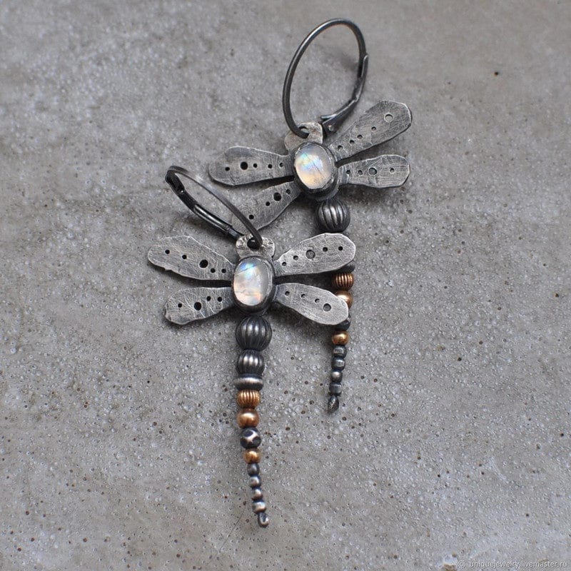 Round moonstone dragonfly earrings