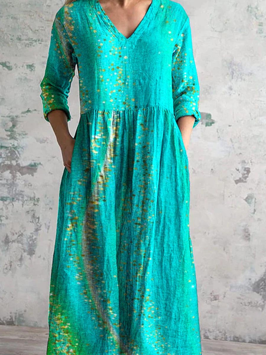 Women's Fluid Art V-Neck Cotton and Linen Dress with Pockets