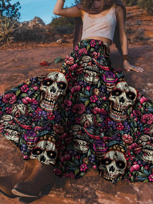 Women's Skeletons and Flowers Print Cotton Pocket Skirt