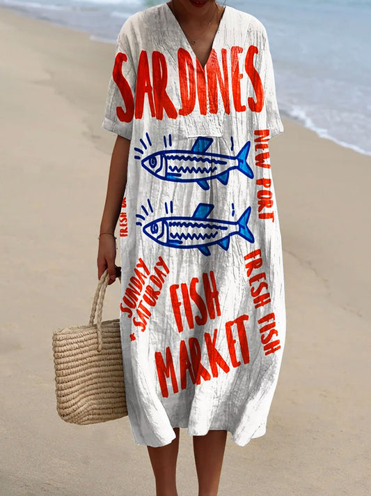 Women's Vintage Fish Sardines Art Print Flowy Dress