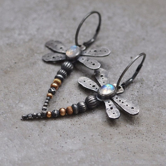 Round moonstone dragonfly earrings