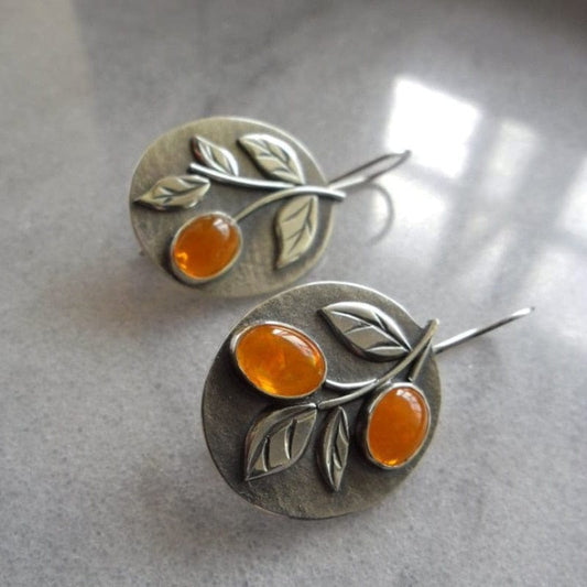 Vintage Silver Color Leaf Orange Stone Earring