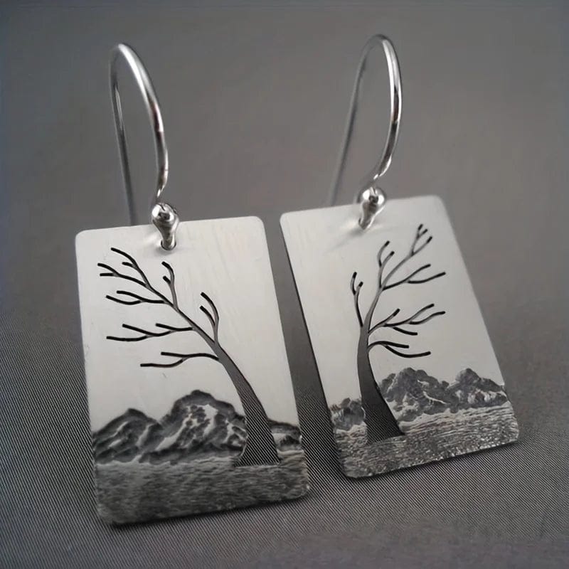 Bohemian Mountain Tree Pattern Rectangle Pendant Earrings