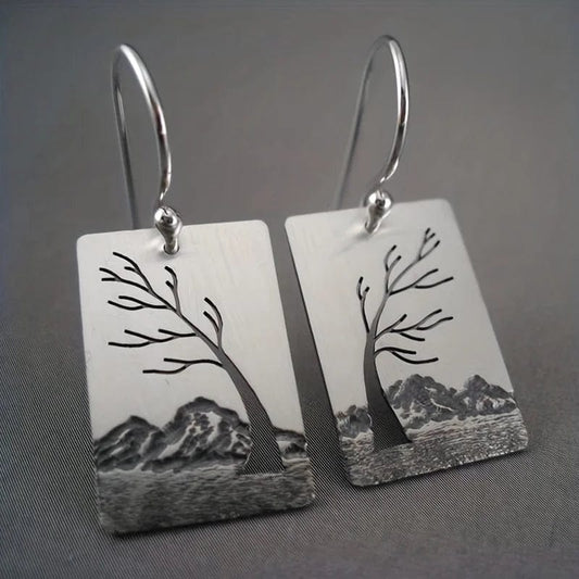 Bohemian Mountain Tree Pattern Rectangle Pendant Earrings