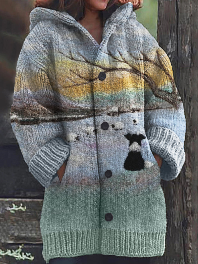 Border Collie & Sheep Winter Landscape Felt Art Cozy Hooded Cardigan