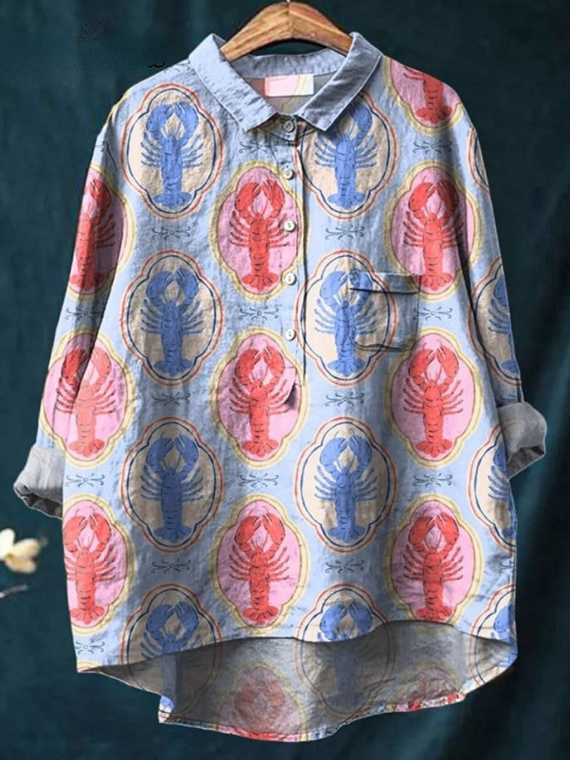 Vintage Lovely Lobster Pattern Art Print Casual Cotton And Linen Shirt