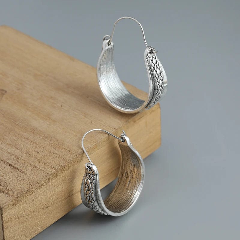 Vintage Snakeskin Pattern Silver Hoop Earrings